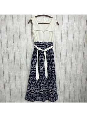 Vintage Beeline Fashions Blue White Cotton Maxi Dress Petite L Empire Waist Boho